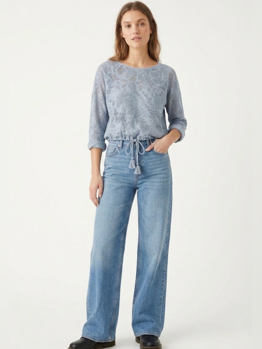 Anthropologie Saturday/Sunday Blue Lace Pattern Drawstring Tassel Top Small